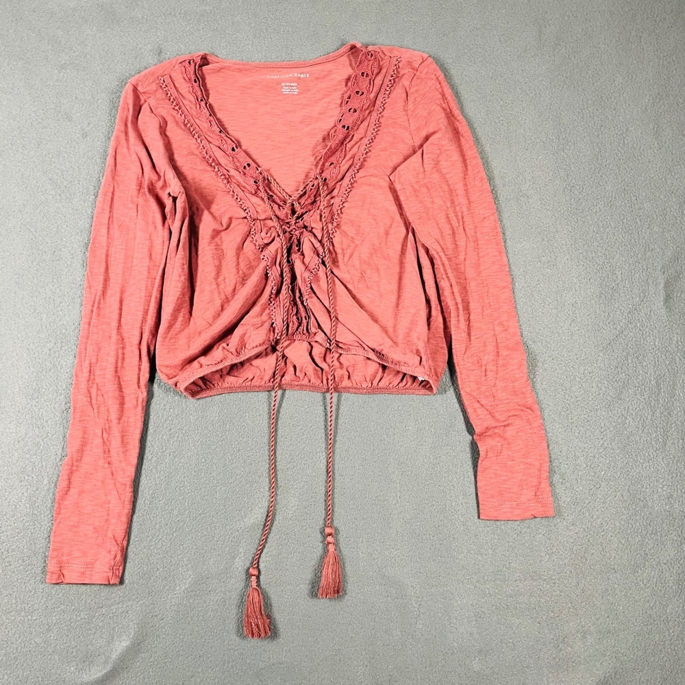 American Eagle Lace Up Long Sleeve Top Tassels Cropped Blouse XS